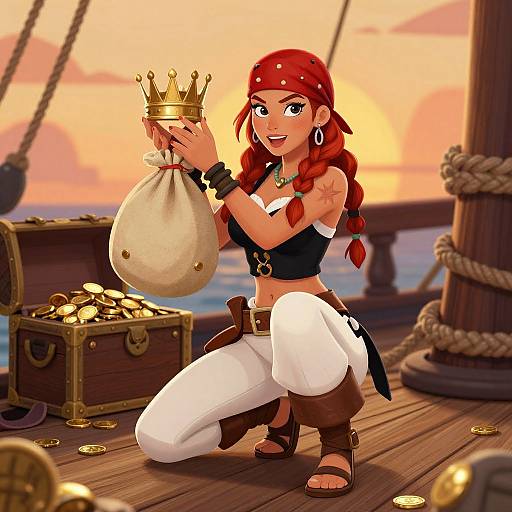 Digital cartoon of a red-haired pirate woman in a bandana, black crop top, white pants, holding a gold crown-filled sack, kneeling on a