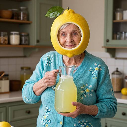 Photograph of an elderly woman in a yellow lemon hat, blue knitted sweater with flower embroidery, holding a lemonade jug in a kitchen with green
