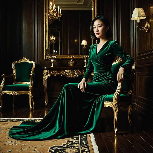 Woman in Emerald Velvet Evening Gown in Opulent Room