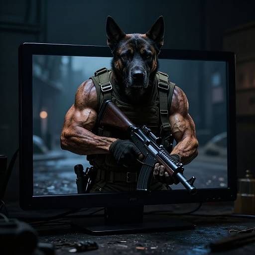 Muscular Dog Soldier Emerging from Screen