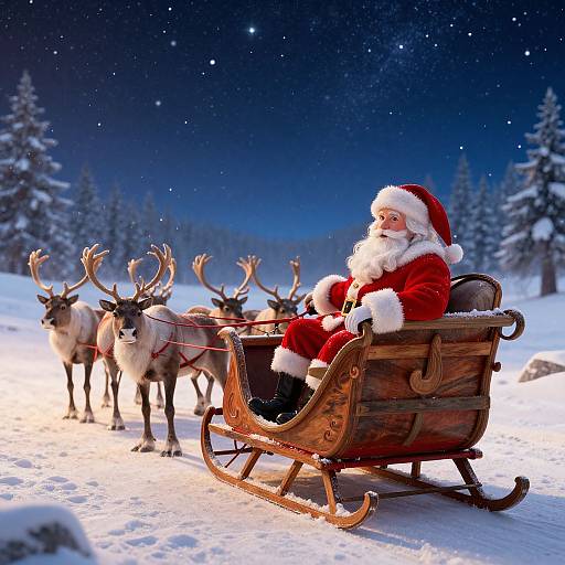 Santa Claus in a wooden sleigh, pulling reindeer through a snowy forest under a starry night sky, in a vibrant photograph.