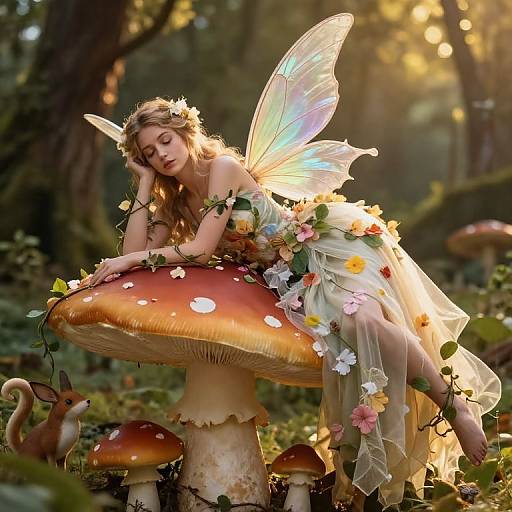 Digital fantasy artwork of a fairy with glowing wings, wearing a flower crown and dress, resting on a large mushroom in a sunlit forest.