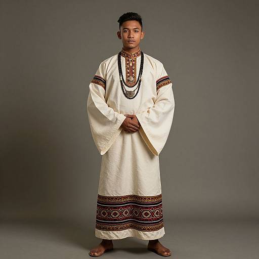 Photograph of a young African man with dark skin, short black hair, wearing a white traditional embroidered robe with brown and red patterns, standing barefoot