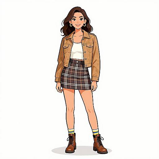 Digital illustration of a smiling woman with long brown hair, wearing a tan jacket, white tee, black plaid skirt, brown boots, and yellow-striped