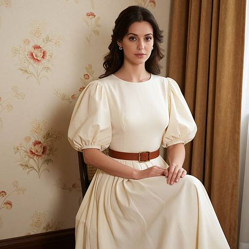 Photograph of a woman with dark wavy hair, fair skin, and brown eyes, wearing a cream-colored puffed-sleeve dress with a