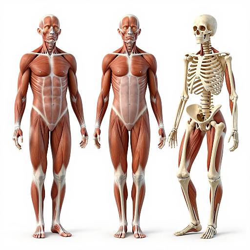 Digital illustration of three figures: two muscular human males with exposed red and white muscle layers, and one skeletal human on the right. White background.