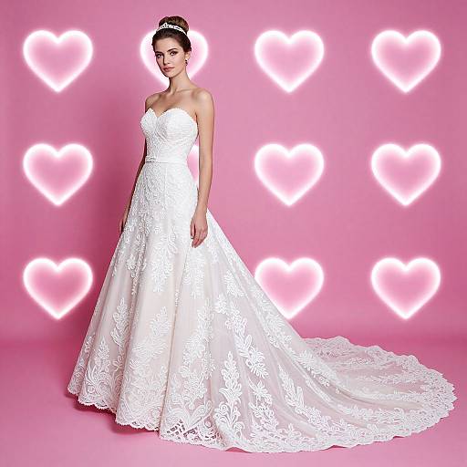 Photograph of a smiling bride in a white lace strapless wedding gown with a long train, standing against a pink background with glowing heart shapes.