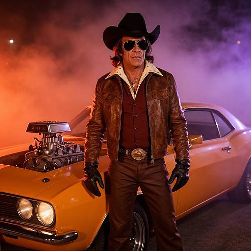 Photograph of a rugged man in black cowboy hat, sunglasses, leather jacket, and gloves, standing in front of a yellow muscle car with a super