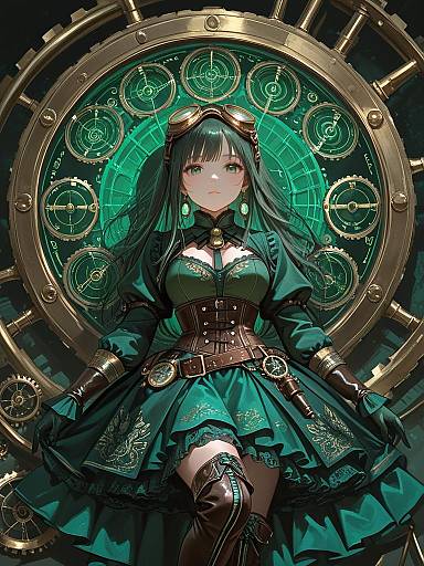 Steampunk Girl in Emerald Green Outfit with Clockwork Background
