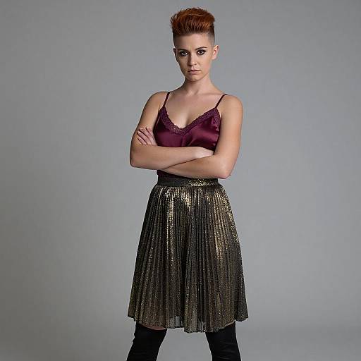 Photograph of a young woman with short, spiked red hair, wearing a maroon camisole and black sequined skirt, standing against a gray
