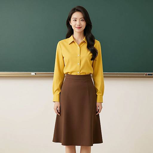Photograph of an Asian woman with long black hair, wearing a yellow blouse and brown skirt, standing in front of a green chalkboard.