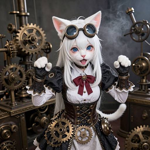 Digital artwork of a white-furred, blue-eyed anthropomorphic cat in steampunk attire, with goggles, corset, and gears, posing play