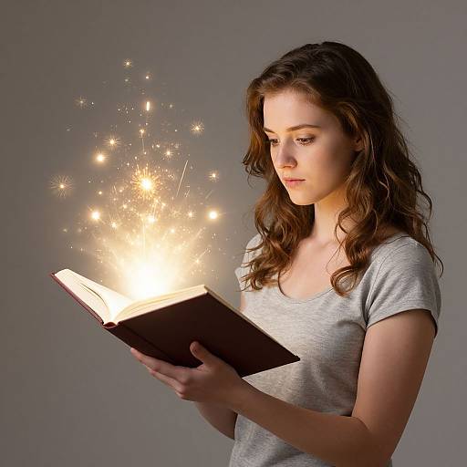 Photograph of a young woman with wavy brown hair, wearing a gray t-shirt, reading a glowing book with sparkling magic-like lights.