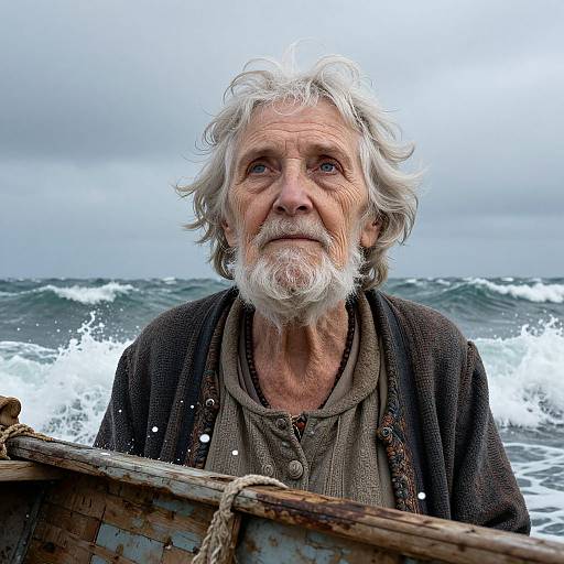Photograph of an elderly white man with white hair and beard, wearing a dark cardigan and brown shirt, standing in a rough sea, looking upward