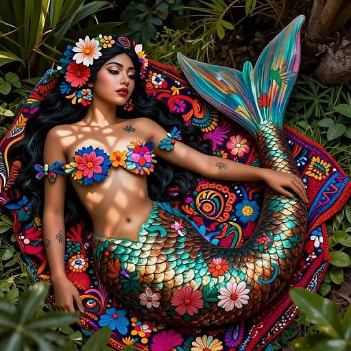 Digital art of a colorful mermaid with long black hair, adorned with flowers, lying on vibrant patterned fabric in a jungle.