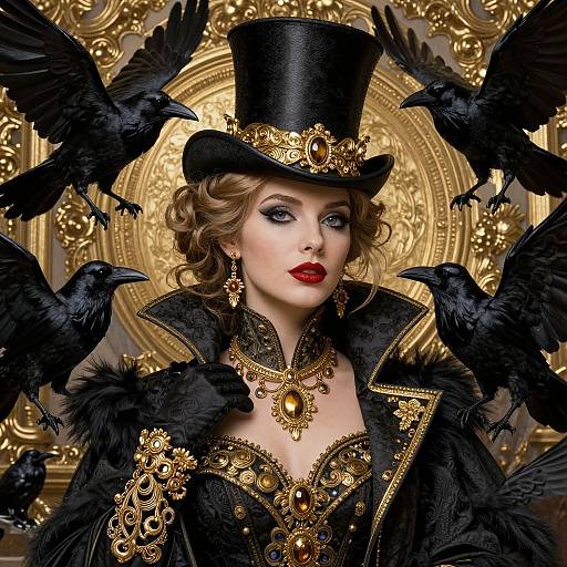 Victorian-style photograph of a pale-skinned woman with red lipstick, wearing a black top hat and ornate black velvet coat, surrounded by black rav