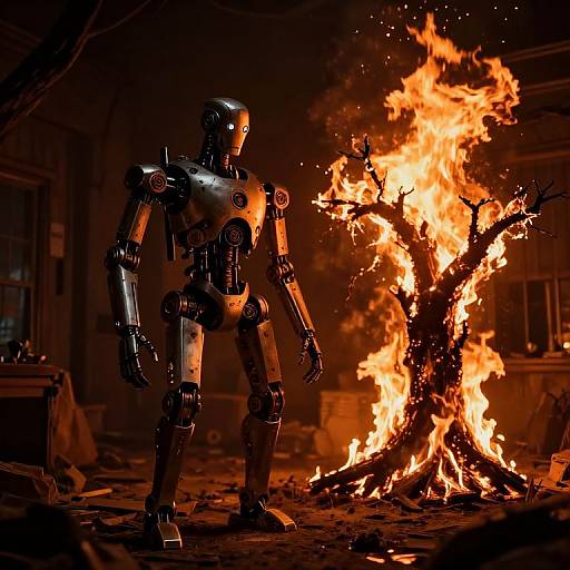 Glowing Robot in Fiery Shadow