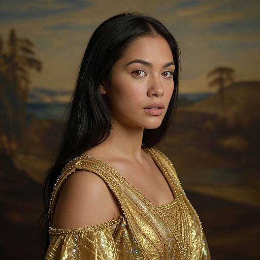 Photograph of a beautiful young woman with long black hair, brown eyes, and medium skin tone, wearing an elegant, golden, off-shoulder