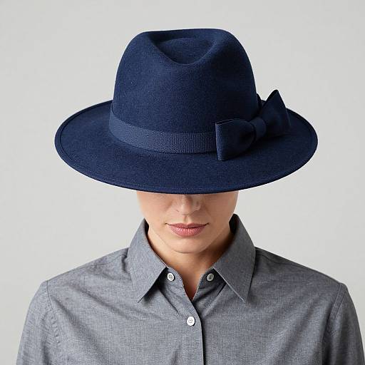 Photograph of a person wearing a dark blue, textured felt hat with a bow, covering their eyes, and a gray button-up shirt, against a