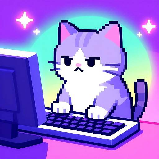 Pixel art of a white, grumpy cat sitting at a computer, glowing rainbow background, sparkles, and a dark blue monitor.