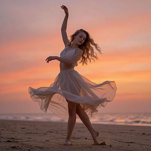 Photograph of a blonde woman in a flowing white dress, dancing on a beach at sunset, with pink and orange sky.