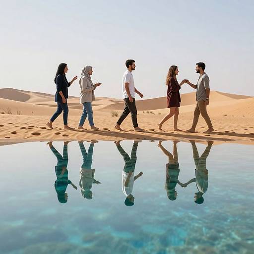Silhouetted group of six people walking hand-in-hand across desert sand, reflected in a calm, blue water pool under bright sunlight.