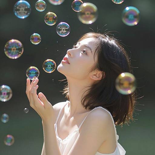 Photograph of a young Asian woman with short black hair, wearing a white tank top, joyfully blowing and touching iridescent soap bubbles against a