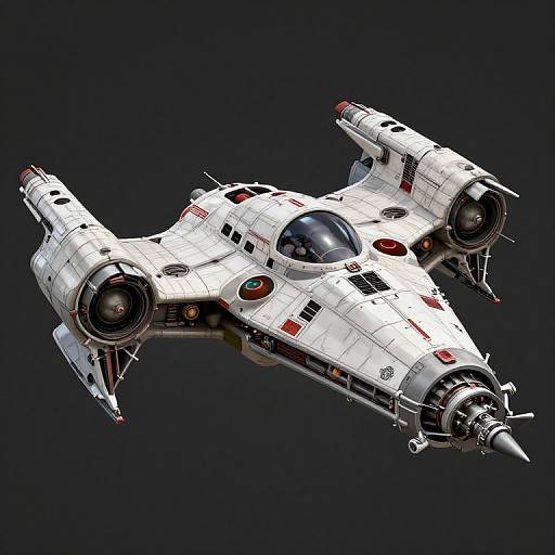 Photorealistic CGI of a white, dual-engine Star Wars TIE fighter with red and black accents, floating against a dark blue background.