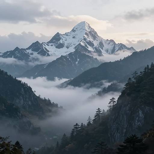 Photograph of a snow-capped mountain peak surrounded by misty pine forests, with dark evergreen trees in the foreground and cloudy sky above.