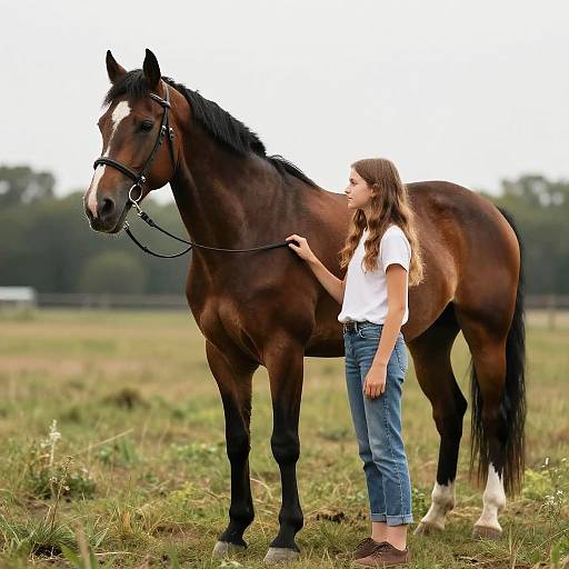 Photograph of a young woman with long brown hair, wearing a white shirt and blue jeans, gently touching a large, dark brown horse with a white