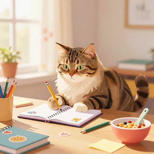 Tabby Cat Studying in Vibrant Room
