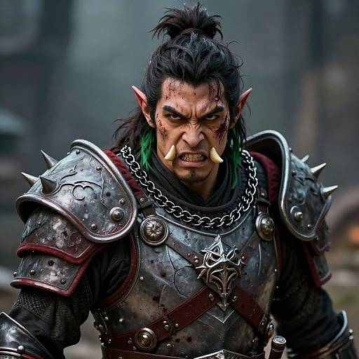 Photorealistic digital artwork of a fierce, dark-haired orcsman with green-streaked hair, sharp fangs, and metal armor, sn