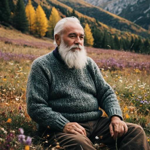 Elderly Man Sitting in Autumn Mountain Meadow Elderly Man Sitting in Autumn Mountain Meadow