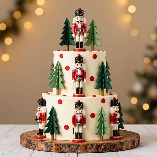 Christmas-themed cake with white frosting, red polka dots, green tree toppers, and nutcracker soldiers, displayed on a wooden platter,