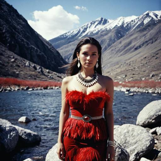 Woman in Red Feathered Dress by Mountain River