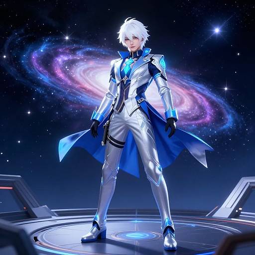 Digital anime-style artwork of a white-haired, silver-suited male character with glowing accents, standing confidently on a starry, cosmic platform with a vibrant