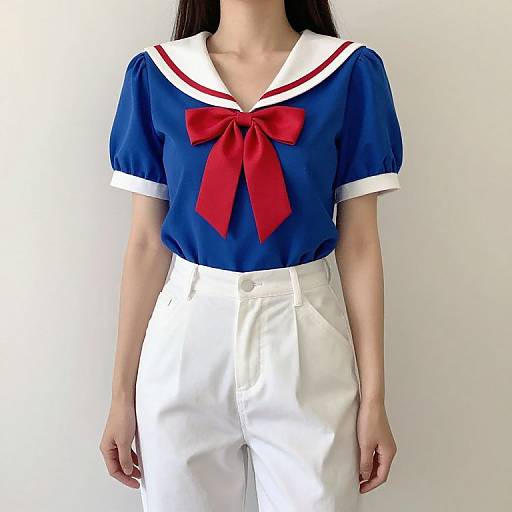 Photograph of an Asian woman in a blue sailor-style top with white trim, red bow, and white high-waisted pants.
