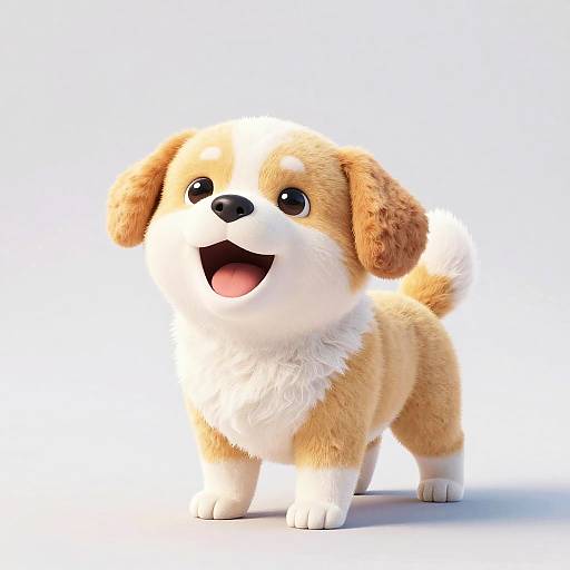 Cute, digital 3D illustration of a fluffy, tan and white puppy with large, expressive eyes and an open mouth, standing against a white