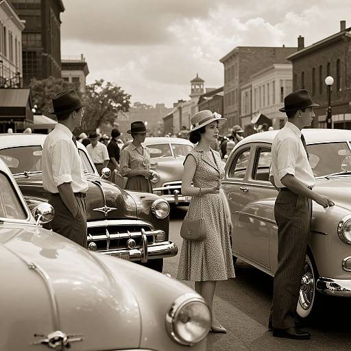 Black-and-white photograph of 1950s street scene with men in shirts and hats, women in dresses and hats, and classic cars parked along a