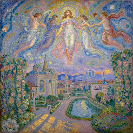 Vibrant, surreal painting: ethereal, glowing figure with halo, surrounded by four winged, clothed angels, over a colorful, floral