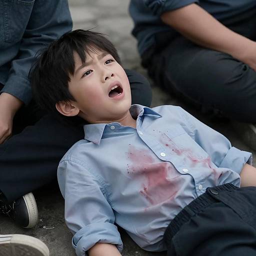 Injured Young Asian Boy Lying on Ground