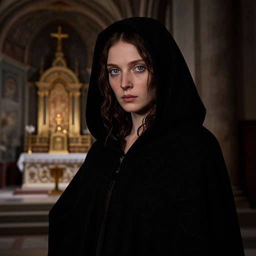 Photograph of a pale, blue-eyed woman with wavy brown hair, wearing a black hooded cloak, standing in a dimly lit, orn