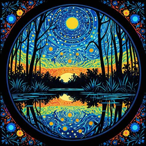 Glowing Bioluminescent Swamp with Kaleidoscope Sky