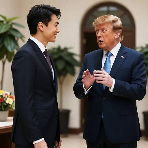 Two Men in Suits Conversing Indoors
