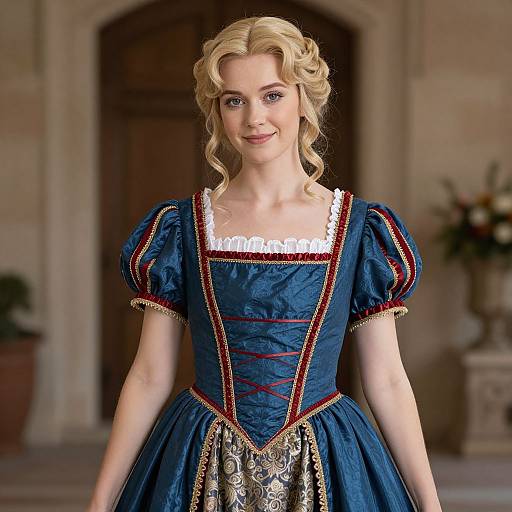 Photograph of a blonde woman with wavy hair, wearing a blue, puffed-sleeve, Elizabethan-style dress with white lace trim and