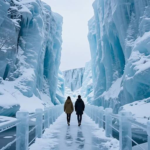 Photograph of two people in winter coats walking through a narrow icy tunnel with towering, blue-tinged ice walls and icy floor.
