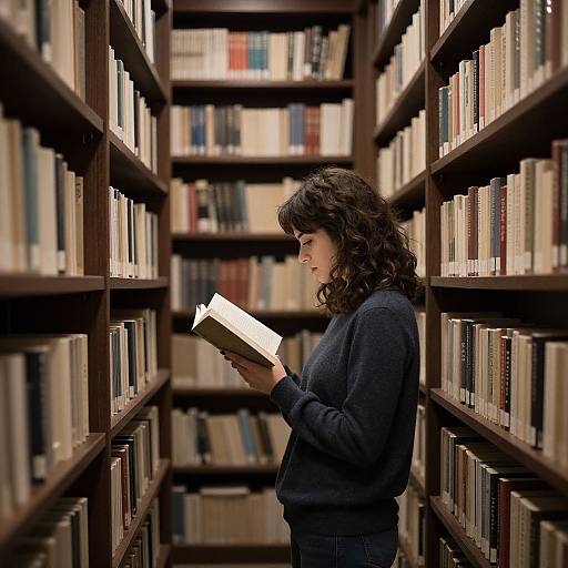 Photograph of a curly-haired woman in a black sweater, reading a book in a dimly lit, narrow library aisle.