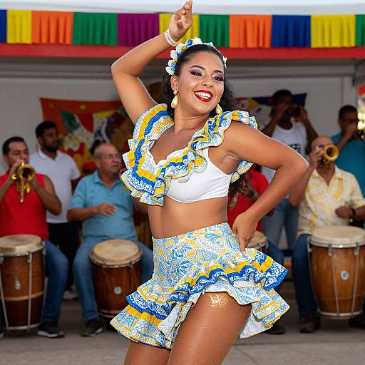 Photograph of a vibrant Latina dancer in a white and blue ruffled outfit, smiling with raised arm, surrounded by musicians and colorful flags.
