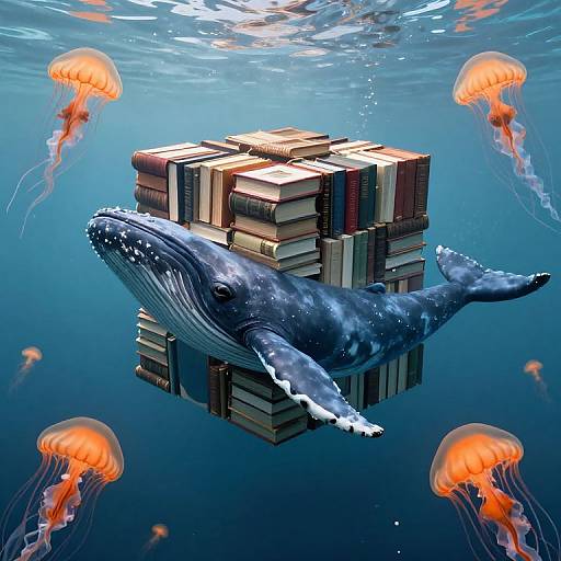 Digital artwork: A blue whale swims around a cube of stacked books, surrounded by glowing orange jellyfish in a clear blue ocean.
