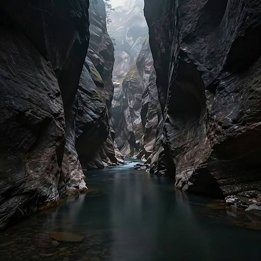 Photograph of a narrow, dark canyon with steep, jagged rock walls, shallow, still water reflecting light from above, creating a mysterious, serene